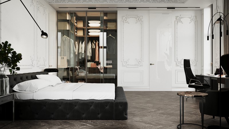 Контрастное сочетание лепнины на стенах с ультрасовременной мебелью и аксессуарами Контрастное сочетание лепнины на стенах с ультрасовременной мебелью и аксессуарами