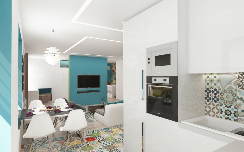 Светлый интерьер с яркими аквамариновыми акцентами