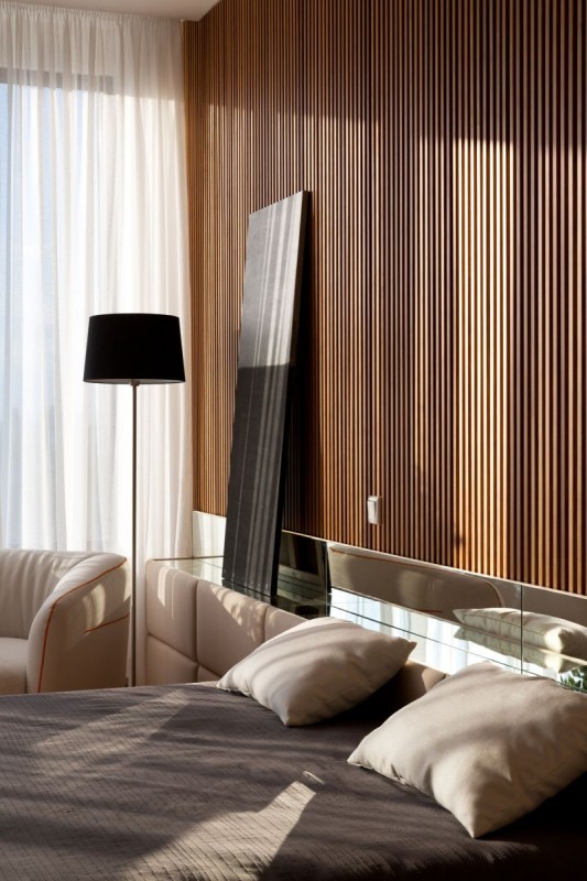 Интерьер в спокойных тонах с яркими зелеными акцентами