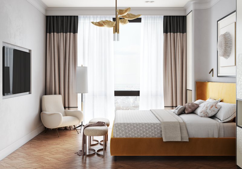 Интерьер в спокойнх тонах с яркими акцентами