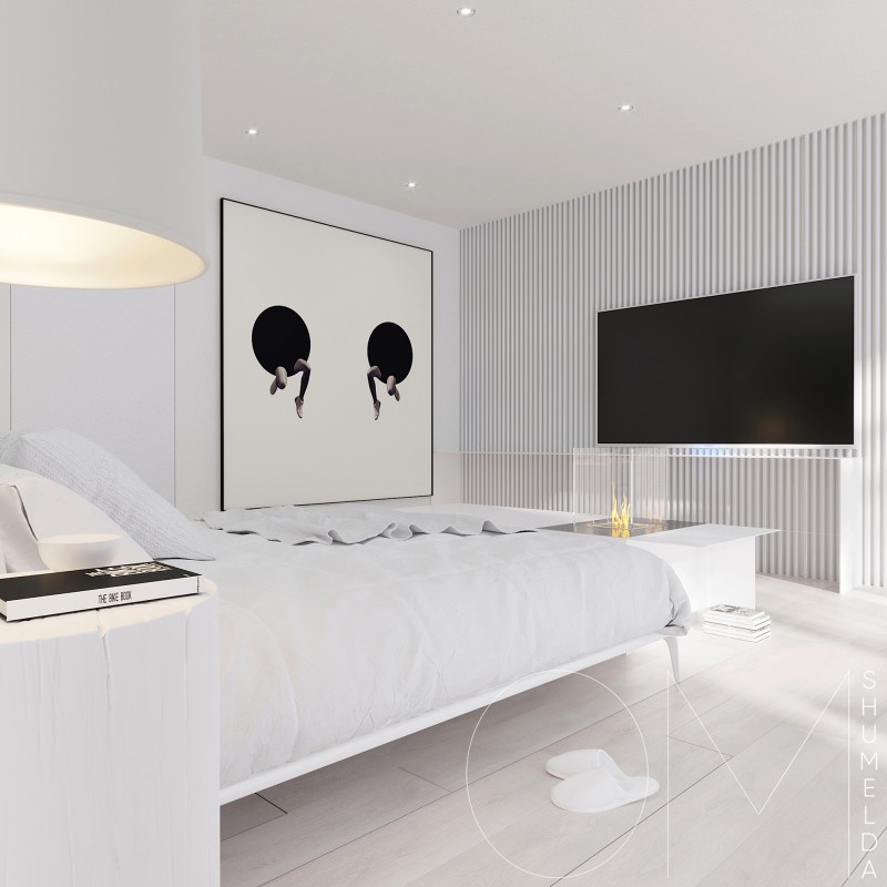 Белоснежный интерьер просторных двухуровневых апартаментов