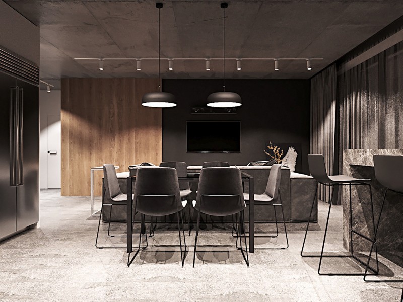 Кухня-студия в ахроматичных тонах