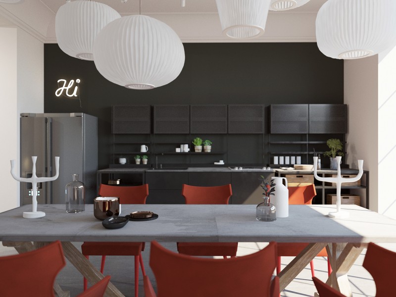 Интерьер просторной светлой квартиры с яркими акцентами