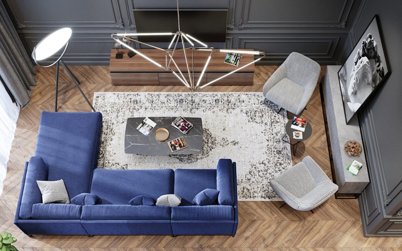 Неоклассический интерьер с акцентами кобальтового и изумрудного цветов