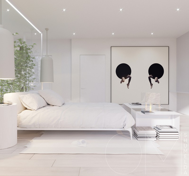 Белоснежный интерьер просторных двухуровневых апартаментов