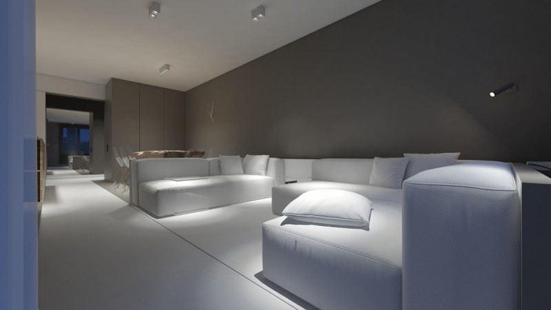 Комбинация белого с серым и акцентная мебель в дизайне квартиры