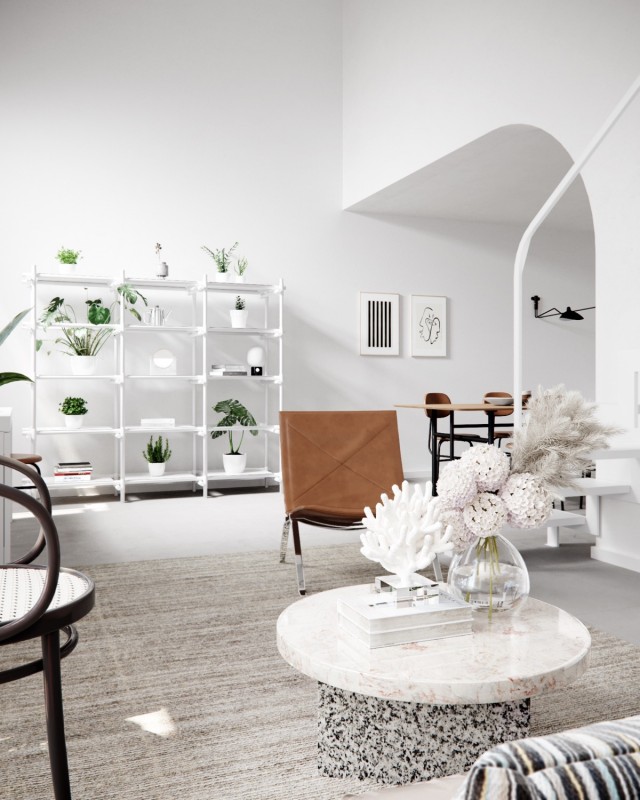 Ледяной белый фон и яркая зелень в интерьере двухуровневой квартиры