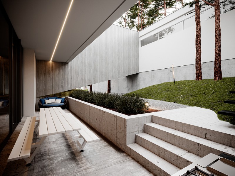 Строгий дизайн дома, расположенного на земле со сложным рельефом