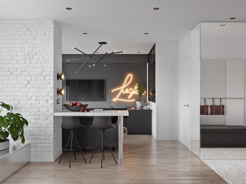 Квартира, оформленная в серых тонах с бордовыми акцентами