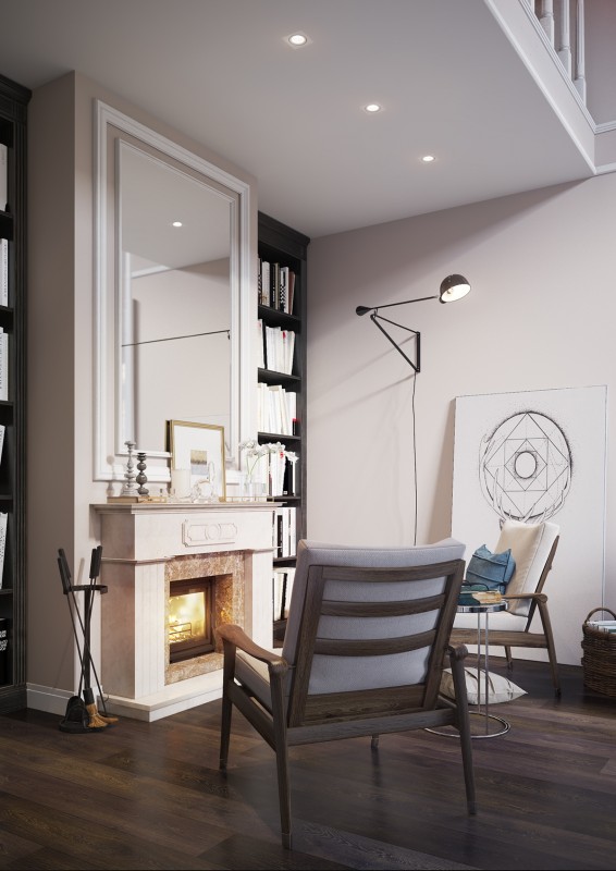 Современный интерьер коттеджа с элементами неоклассики в нейтральных светлых тонах Современный интерьер коттеджа с элементами неоклассики в нейтральных светлых тонах