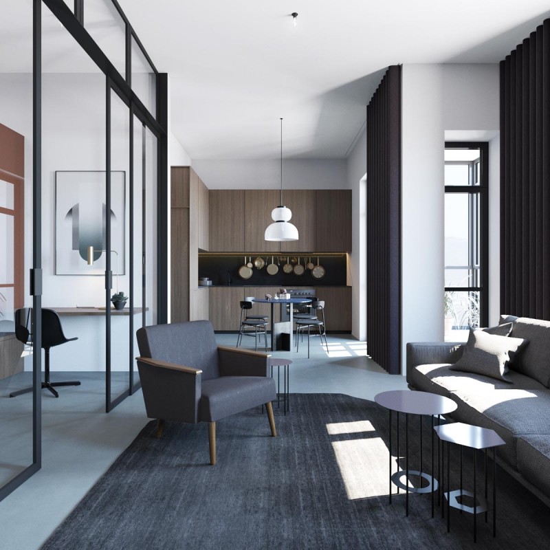 Апартаменты с открытой планировкой, оформленные в приглушенных тонах