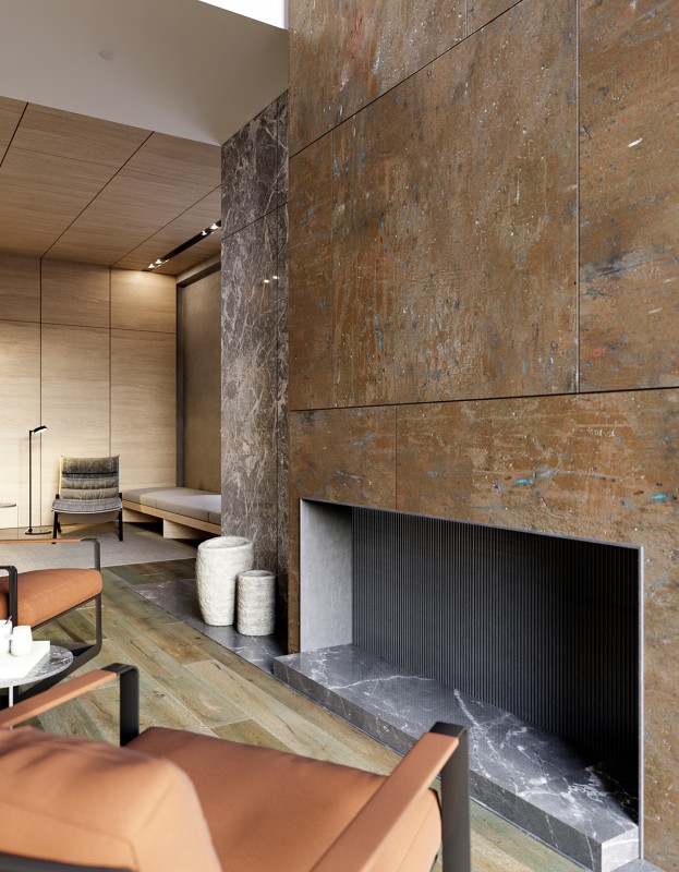 Удачное сочетание мрамора, камня и дерева