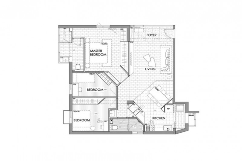 Сочетание черных деталей с белым и синим в интерьере апартаментов в Тайбэе, Тайвань Сочетание черных деталей с белым и синим в интерьере апартаментов в Тайбэе, Тайвань