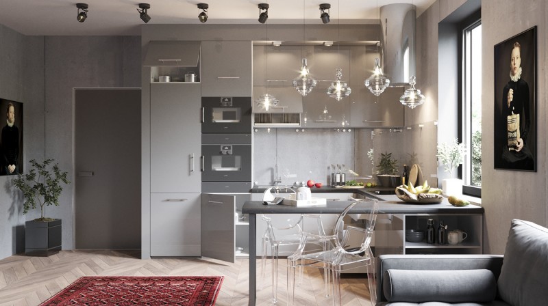 Проект кухни в серых тонах Проект кухни в серых тонах