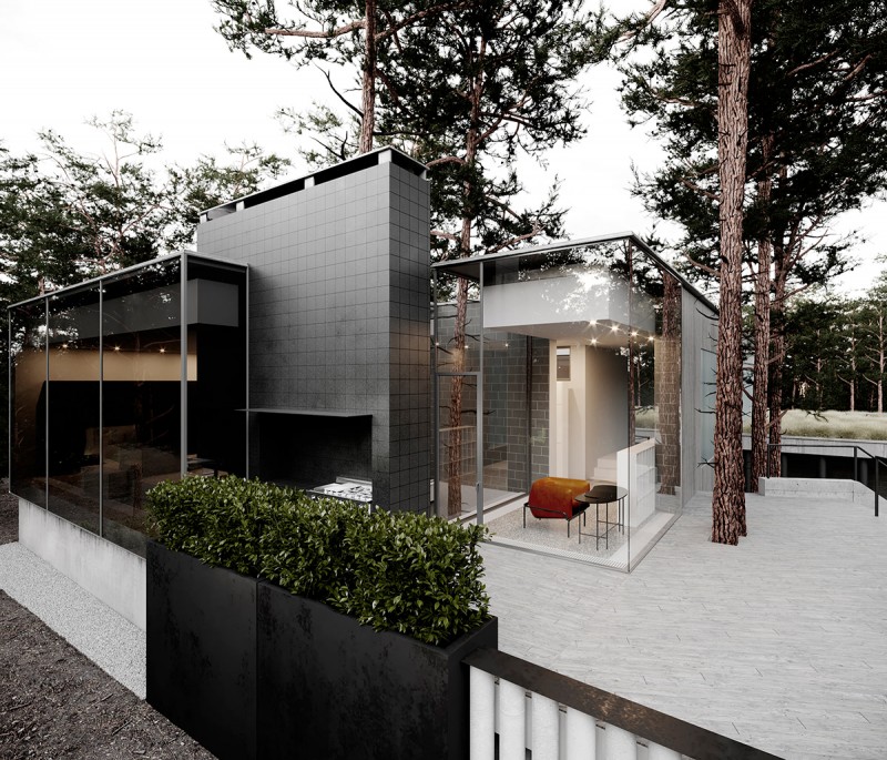 Строгий дизайн дома, расположенного на земле со сложным рельефом