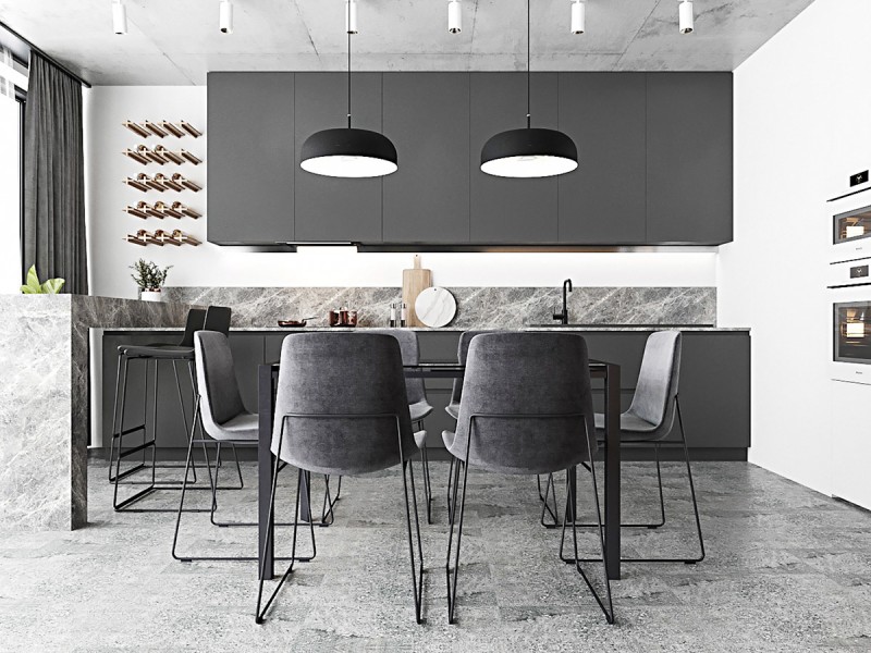 Кухня-студия в ахроматичных тонах