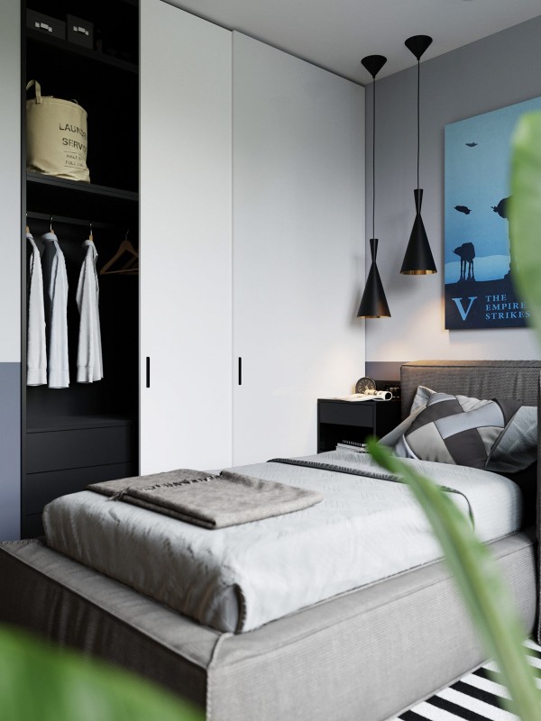 Акцент на зеленый и глубокий синий в интерьере квартиры, оформленной в спокойных серых тонах