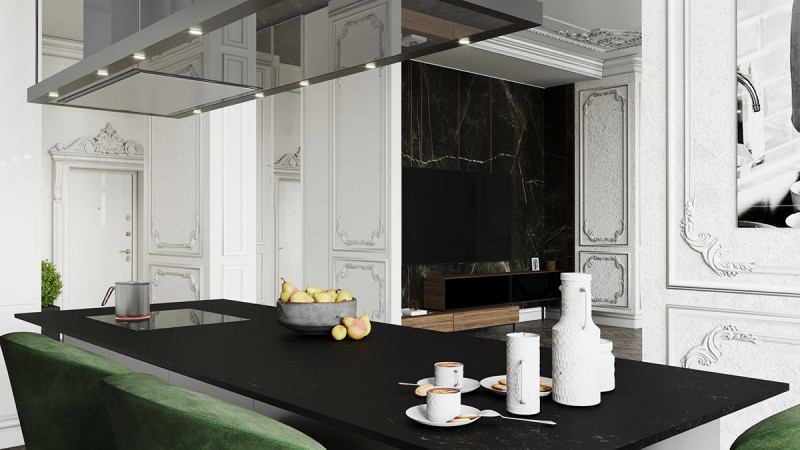 Контрастное сочетание лепнины на стенах с ультрасовременной мебелью и аксессуарами Контрастное сочетание лепнины на стенах с ультрасовременной мебелью и аксессуарами