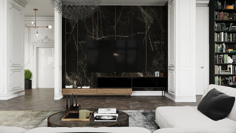 Контрастное сочетание лепнины на стенах с ультрасовременной мебелью и аксессуарами Контрастное сочетание лепнины на стенах с ультрасовременной мебелью и аксессуарами