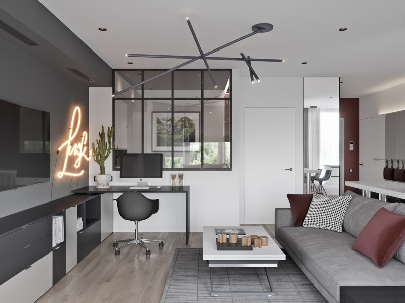 Квартира, оформленная в серых тонах с бордовыми акцентами