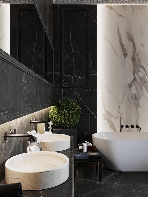 Контрастное сочетание лепнины на стенах с ультрасовременной мебелью и аксессуарами Контрастное сочетание лепнины на стенах с ультрасовременной мебелью и аксессуарами