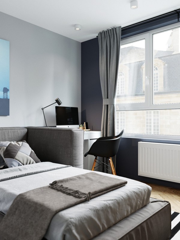 Акцент на зеленый и глубокий синий в интерьере квартиры, оформленной в спокойных серых тонах