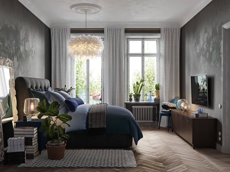 Проект спальни в серо-синих тонах