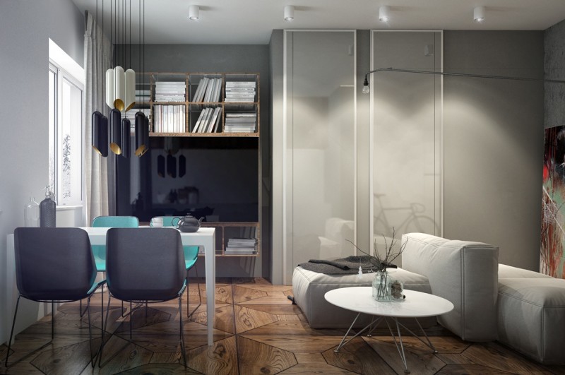 Сочетание разных фактур: декоративный бетон и дерево