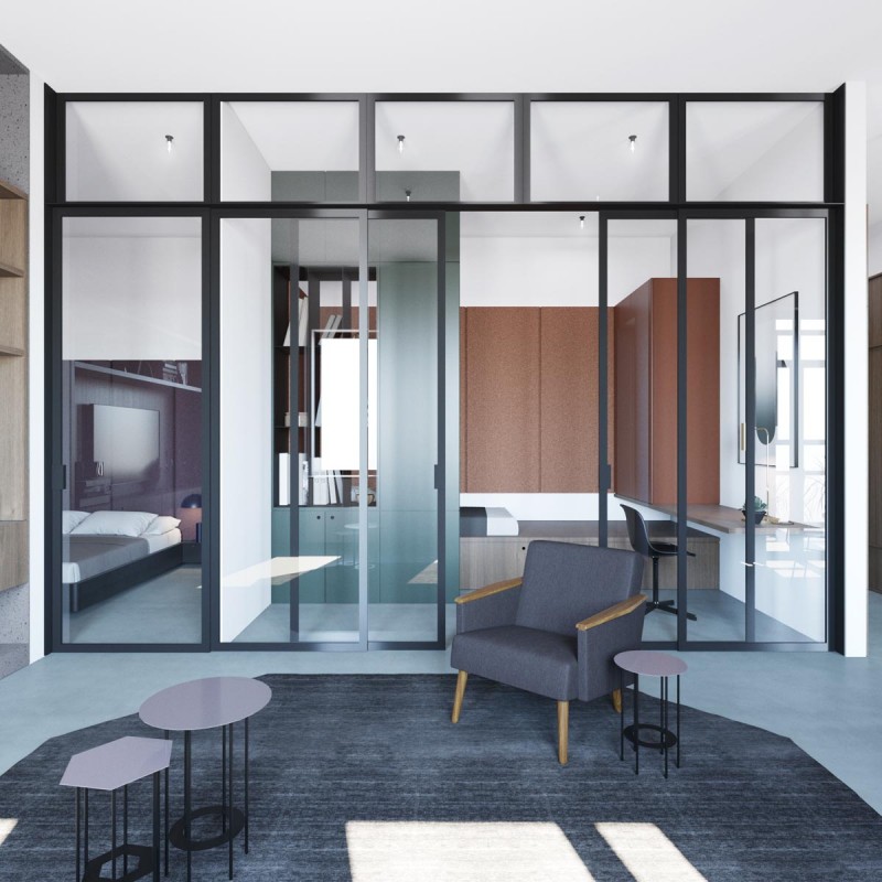 Апартаменты с открытой планировкой, оформленные в приглушенных тонах