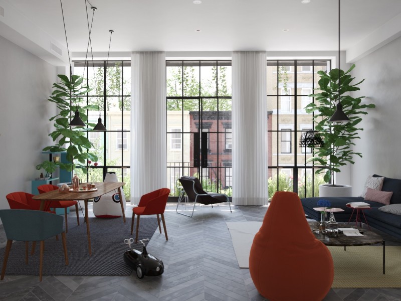 Просторный светлый лофт с яркими акцентами