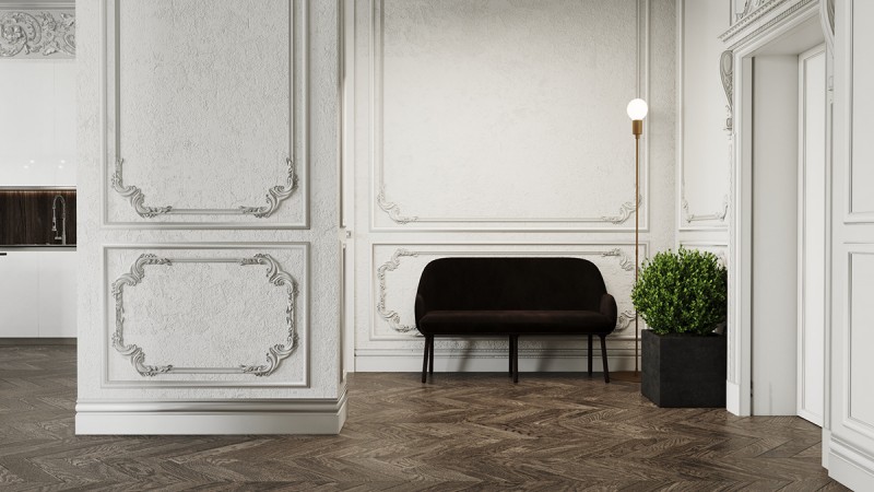 Контрастное сочетание лепнины на стенах с ультрасовременной мебелью и аксессуарами Контрастное сочетание лепнины на стенах с ультрасовременной мебелью и аксессуарами