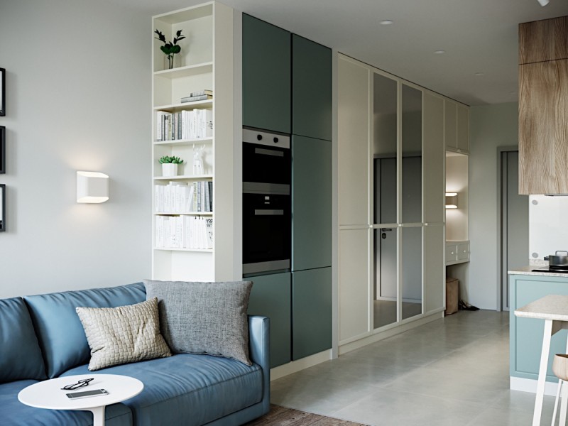 Интерьер компактной квартиры в серо-голубых тонах