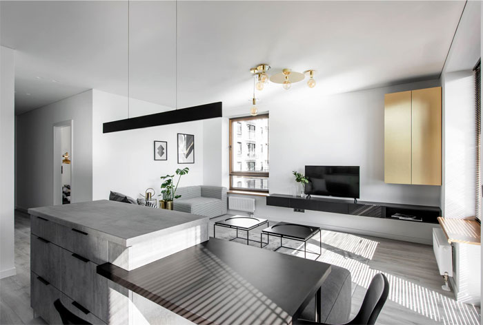 Латунный и черно-серый декор в интерьере литовской квартиры