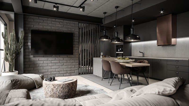 Интерьер в индустриальном стиле в серых тонах