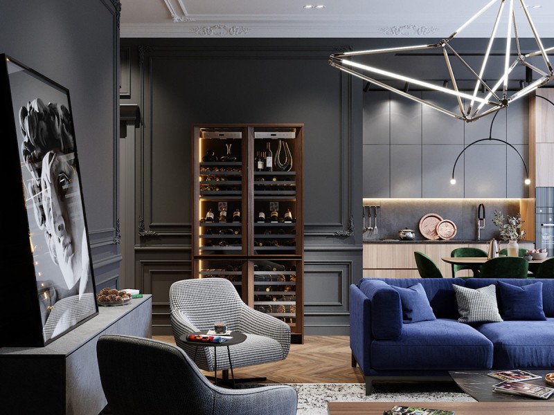 Неоклассический интерьер с акцентами кобальтового и изумрудного цветов