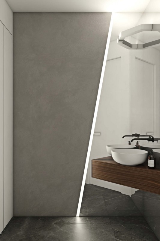 Использование черного, белого и цвета дерева в интерьере просторных минималистских апартаментов