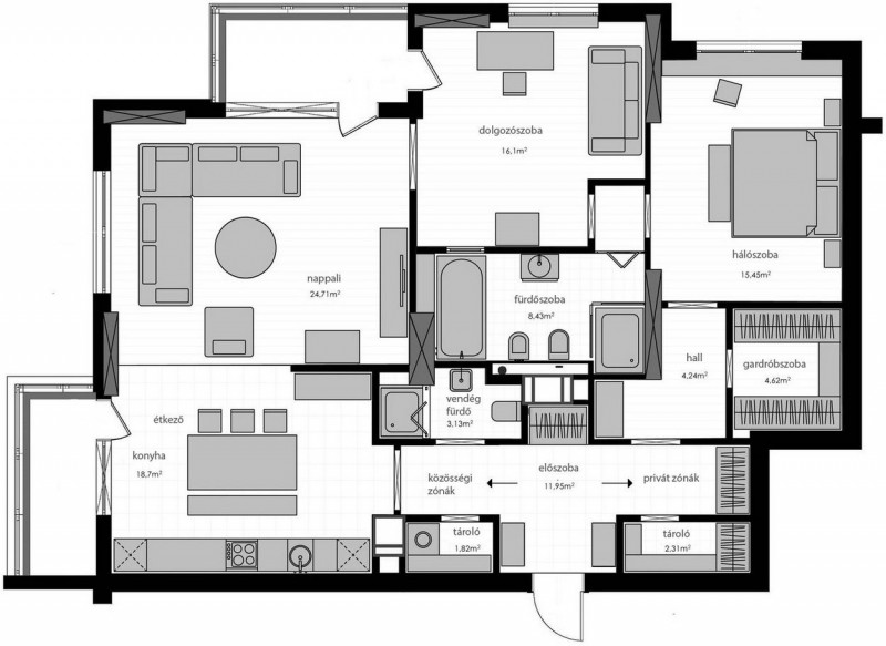Контраст темных и светлых поверхностей в интерьере просторных апартаментов