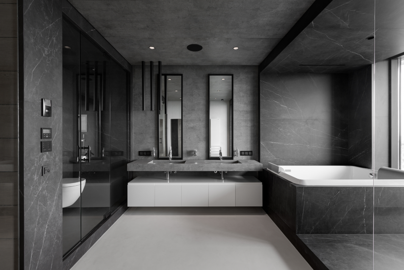 Брутальный стильный интерьер просторного пентхауса