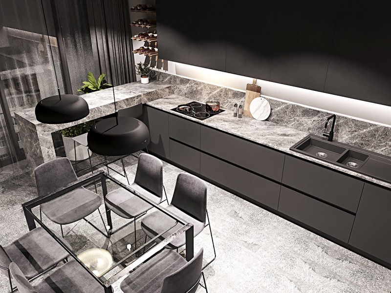 Кухня-студия в ахроматичных тонах