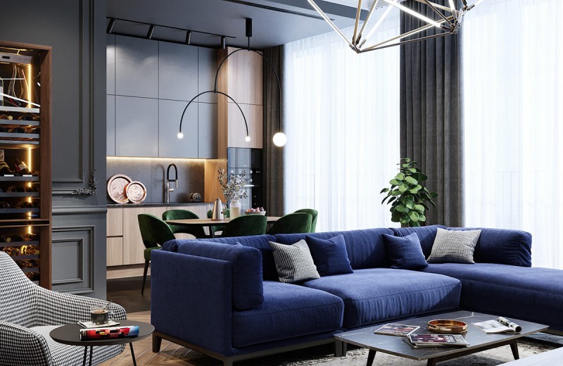 Неоклассический интерьер с акцентами кобальтового и изумрудного цветов