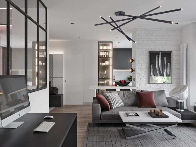 Квартира, оформленная в серых тонах с бордовыми акцентами