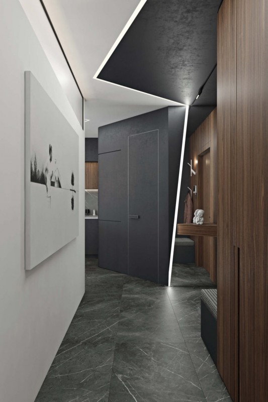 Использование черного, белого и цвета дерева в интерьере просторных минималистских апартаментов