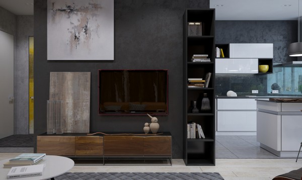 Открытая планировка апартаментов с внутренними стеклянными стенами