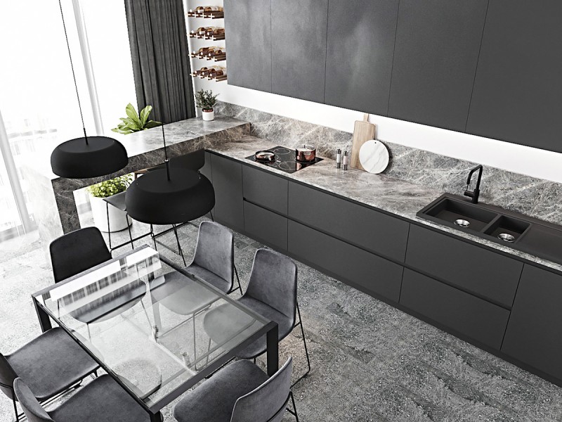 Кухня-студия в ахроматичных тонах