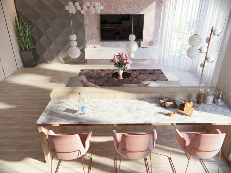 Просторная квартира для молодой девушки, оформленная в нежных тонах