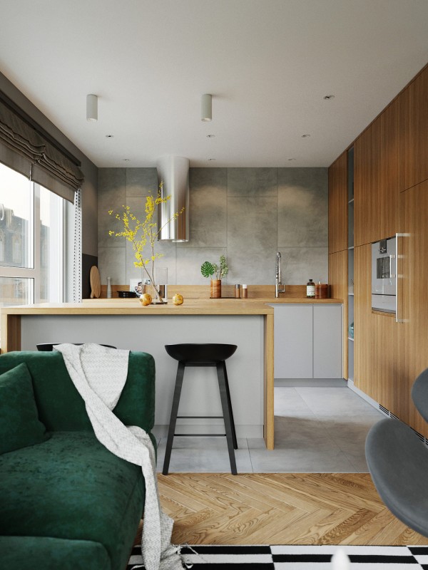 Акцент на зеленый и глубокий синий в интерьере квартиры, оформленной в спокойных серых тонах