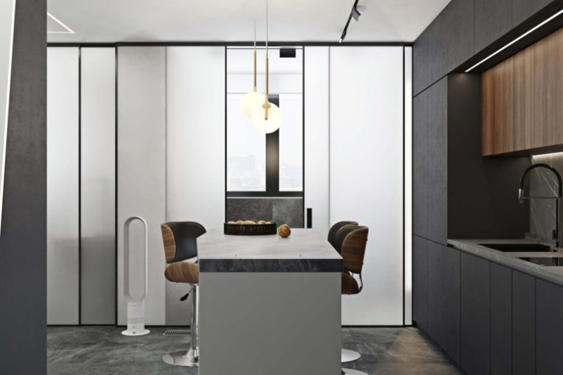 Использование черного, белого и цвета дерева в интерьере просторных минималистских апартаментов