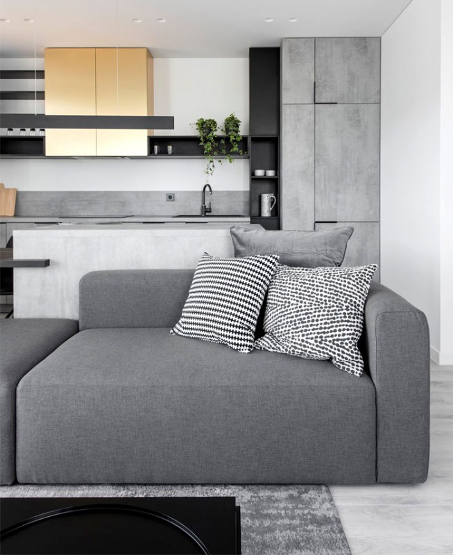 Латунный и черно-серый декор в интерьере литовской квартиры