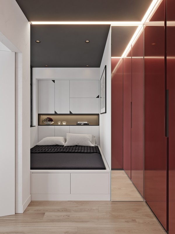 Квартира, оформленная в серых тонах с бордовыми акцентами