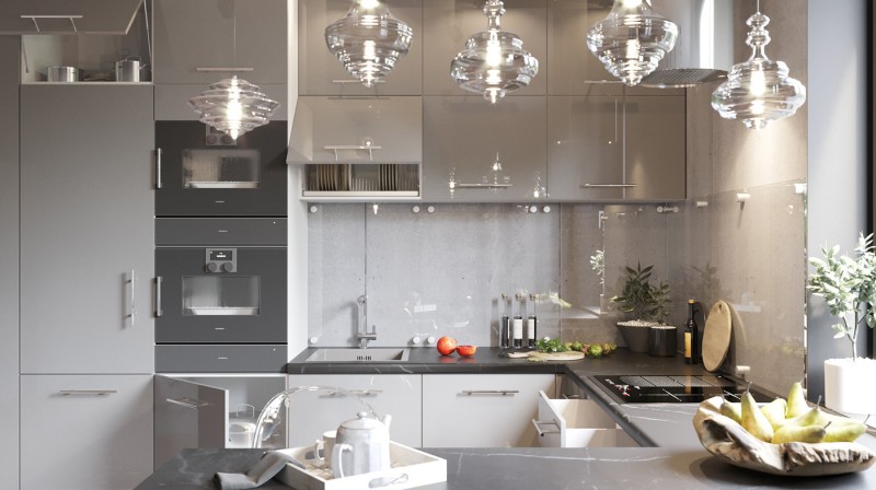 Проект кухни в серых тонах Проект кухни в серых тонах